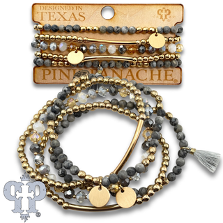 Colorful and gold bead charm bracelet stack