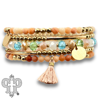 Colorful and gold bead charm bracelet stack