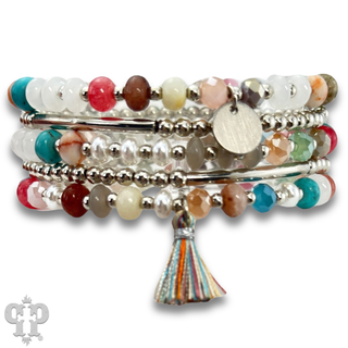 Colorful and gold bead charm bracelet stack