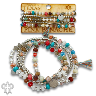 Colorful and gold bead charm bracelet stack