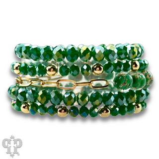 Five strand faceted bead and glitter glass bracelet