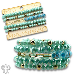 Five strand faceted bead and glitter glass bracelet
