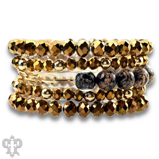 Five strand faceted bead and glitter glass bracelet
