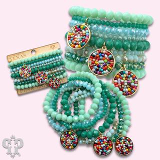 Turquoise color bead bracelet with seed bead charms