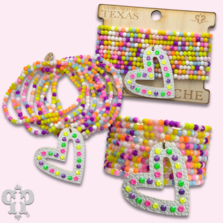 Multi-color bead bracelet with leatherette heart
