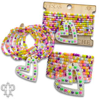 Multi-color bead bracelet with leatherette heart