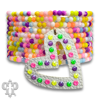 Multi-color bead bracelet with leatherette heart