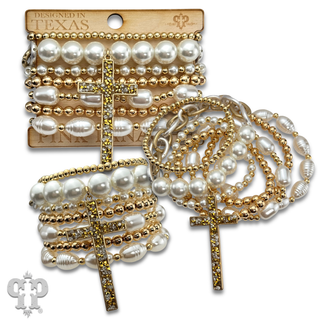 Multi-strand bead and chain bracelet with cross charm