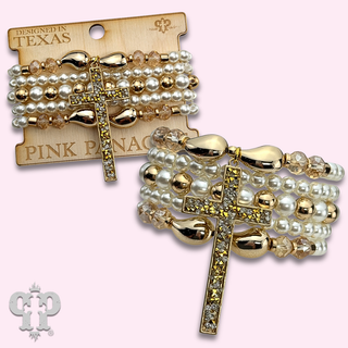 Multi-strand bead and chain bracelet with cross charm