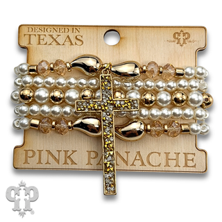 Multi-strand bead and chain bracelet with cross charm