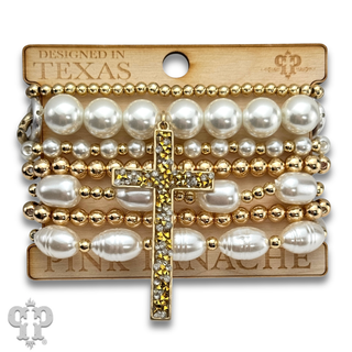 Multi-strand bead and chain bracelet with cross charm