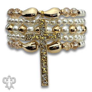 Multi-strand bead and chain bracelet with cross charm
