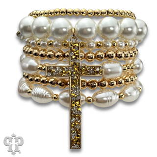 Multi-strand bead and chain bracelet with cross charm