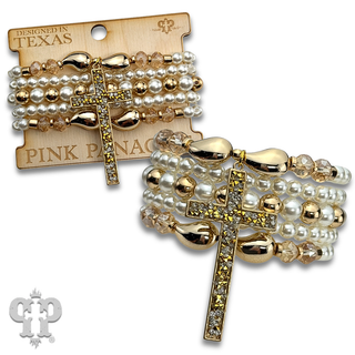 Multi-strand bead and chain bracelet with cross charm