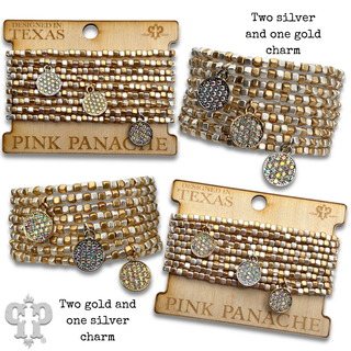 Gold and silver square bead bracelet with pave rhinestone charms