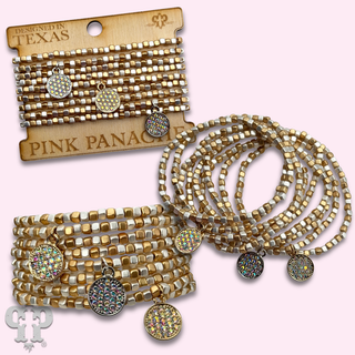 Gold and silver square bead bracelet with pave rhinestone charms
