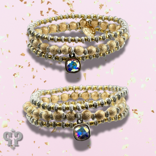 Foil texture bead stacked bracelet with Austrian crystal