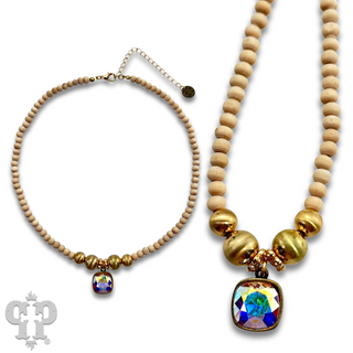 Round wood and brushed gold bead necklace with Austrian crystal