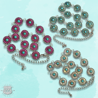 Western flower rhinestone concho link belt