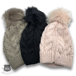 Cable knit pom-pom beanie