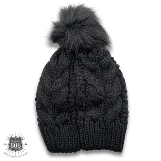 Cable knit pom-pom beanie