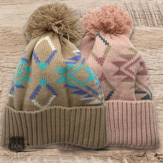 Western Aztec print pom-pom beanie