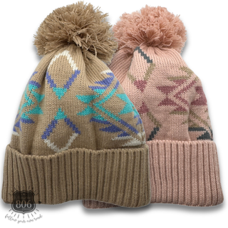 Western Aztec print pom-pom beanie