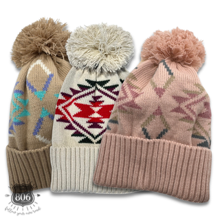 Western Aztec print pom-pom beanie