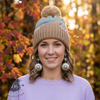 Western Aztec print pom-pom beanie