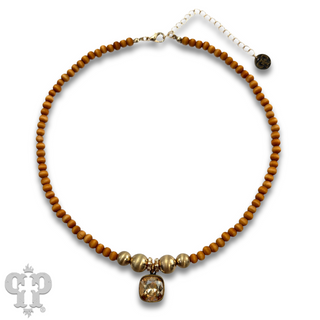 Round wood and brushed gold bead necklace with Austrian crystal