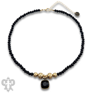 Round wood and brushed gold bead necklace with Austrian crystal