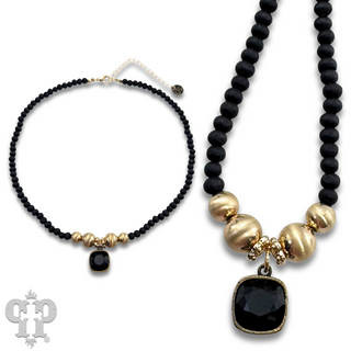 Round wood and brushed gold bead necklace with Austrian crystal