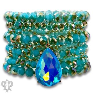 Faceted bead nine strand bracelet set, rhinestone teardrop charm