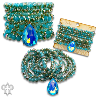 Faceted bead nine strand bracelet set, rhinestone teardrop charm