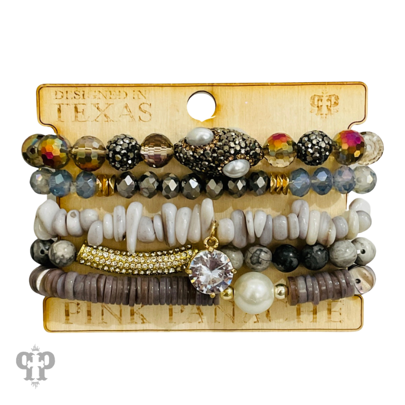 Stacked mixed bead bracelet with rhinestone charm