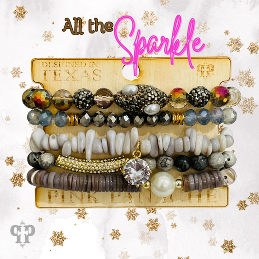 Stacked mixed bead bracelet with rhinestone charm