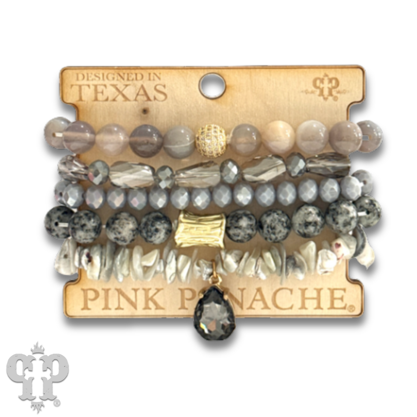 Mixed stone and bead five strand bracelet