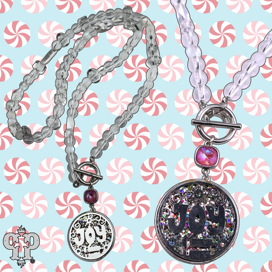 Clear bead necklace with JOY pendant and Austrian crystal