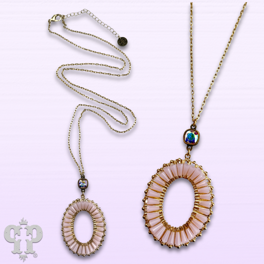 Blush pink pendant and long gold chain necklace, last call