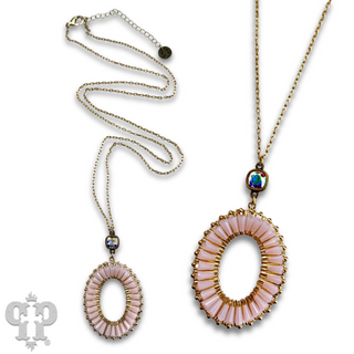 Blush pink pendant and long gold chain necklace, last call