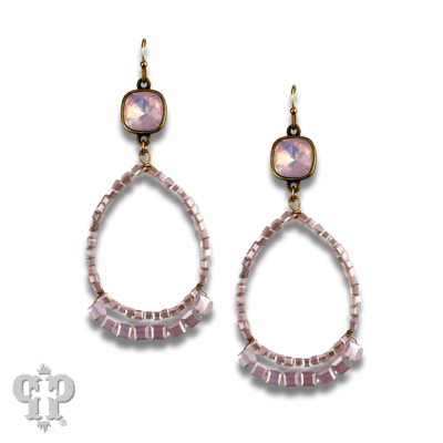 Pink cube bead teardrop earring, Austrian crystal