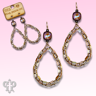 Pink iridescent bead teardrop earring, Austrian crystal