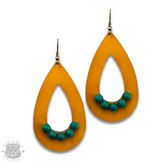 Leather and stitched bead teardrop earring, last call
