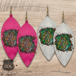 Leather aztec print feather earring