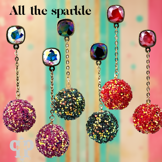Glitter mesh bead and chain dangle earring with Austrian crystal