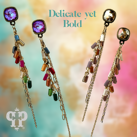 Chain and bead fringe earring, Austrian crystal