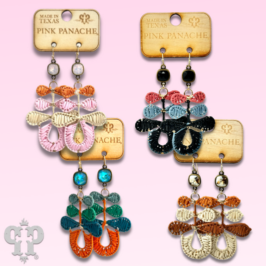 Three bow raffia dangle earring, Austrian crystal