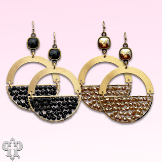 Gold beaded half circle and Austrian crystal dangle earring