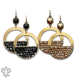 Gold beaded half circle and Austrian crystal dangle earring