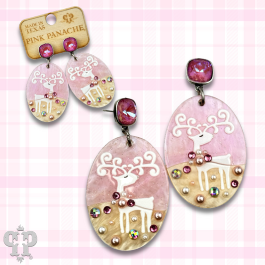 Pink Christmas reindeer earring with Austrian crystal